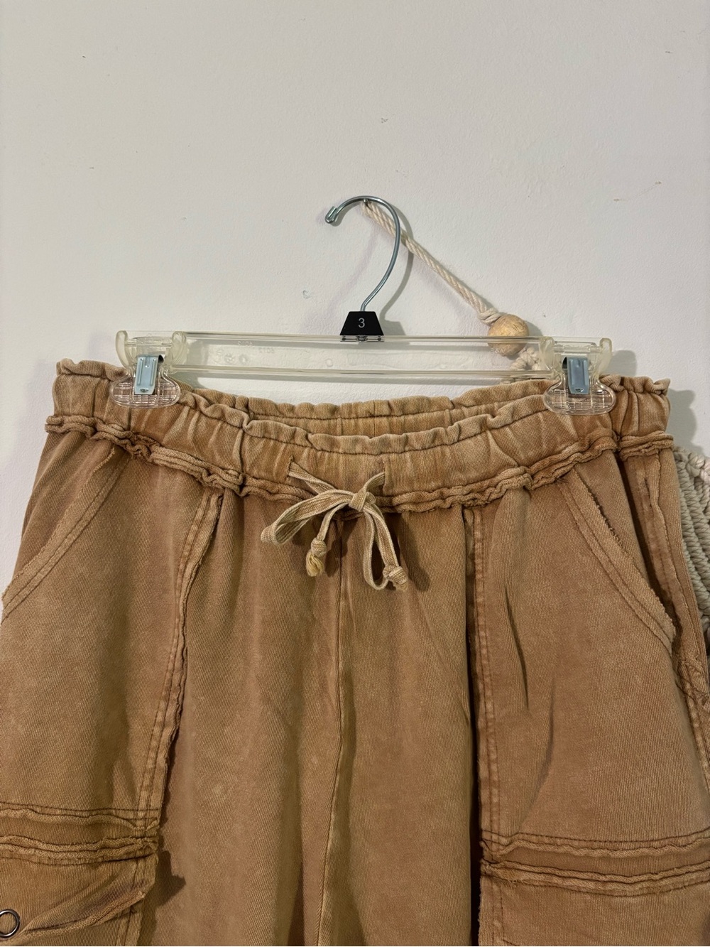 easel Women’s Washed Tan Cargo Drawstring Wide Leg Pants - Picture 3 of 9